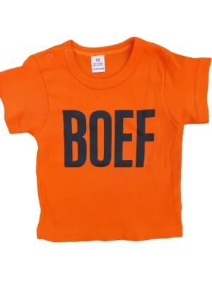 leuk oranje babyshirt met zwarte tekst BOEF