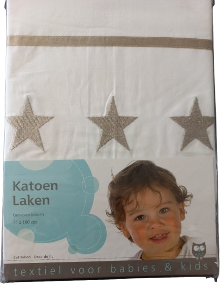 Laken wit met taupe sterren en bies 75x100