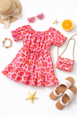 Jurkje roze oranje panterprint Jurk roze met ruche en tasje