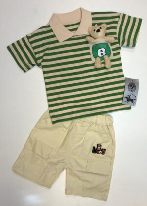 Korte broek met shirt groen beige gestreept jongens kleding setje beige groen getreept
