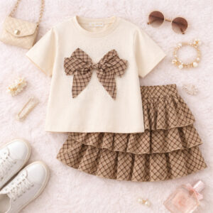 Setje rok en tshirt bruin geruit met strik setje stroken rokje met tshirt strik beige